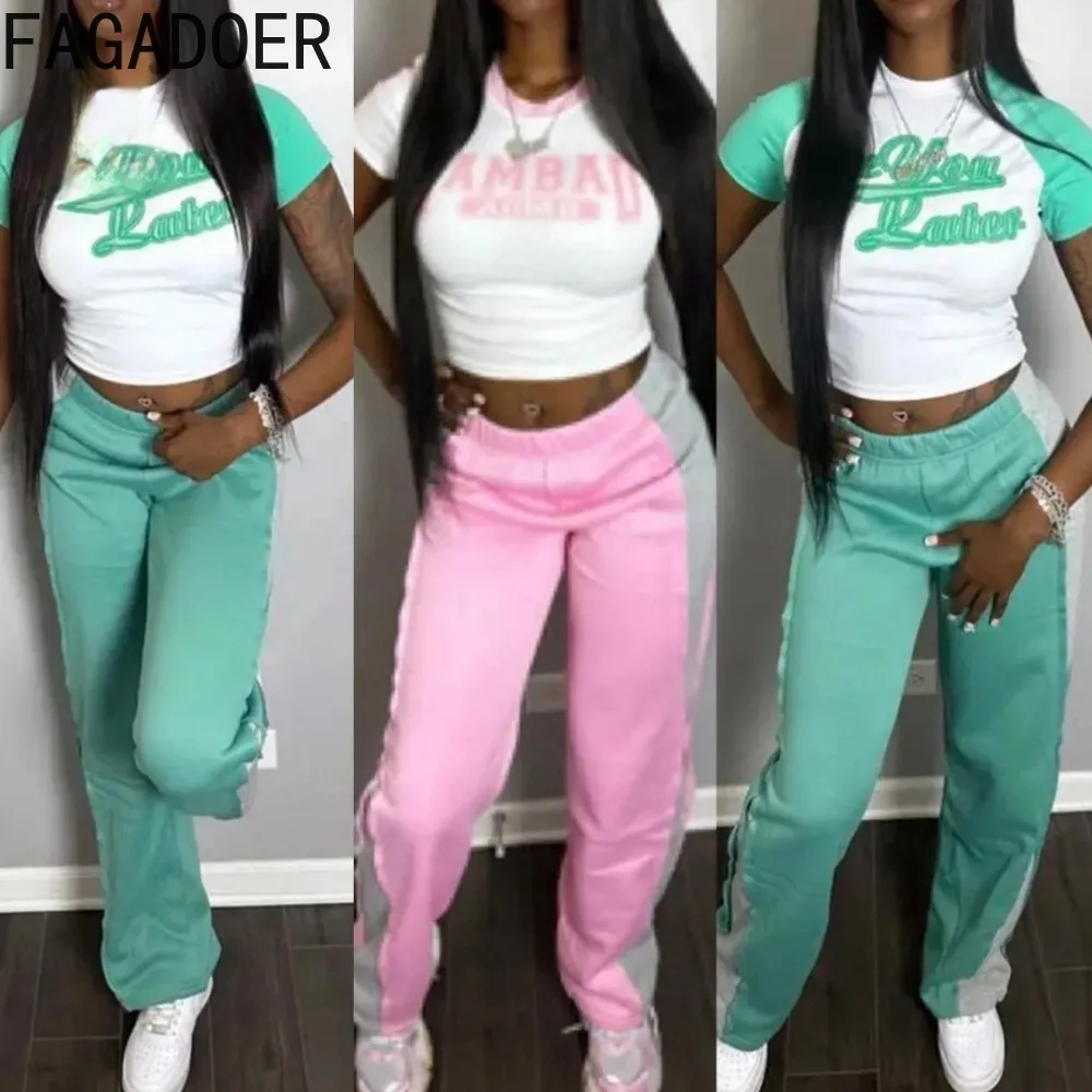 Fagadoer Autumn New Tracksuits Women Sport Casual Pants 2 Piece Sets Outfits Y2k Streetwear Crop Top + Wide Leg Sweatpants Baggy