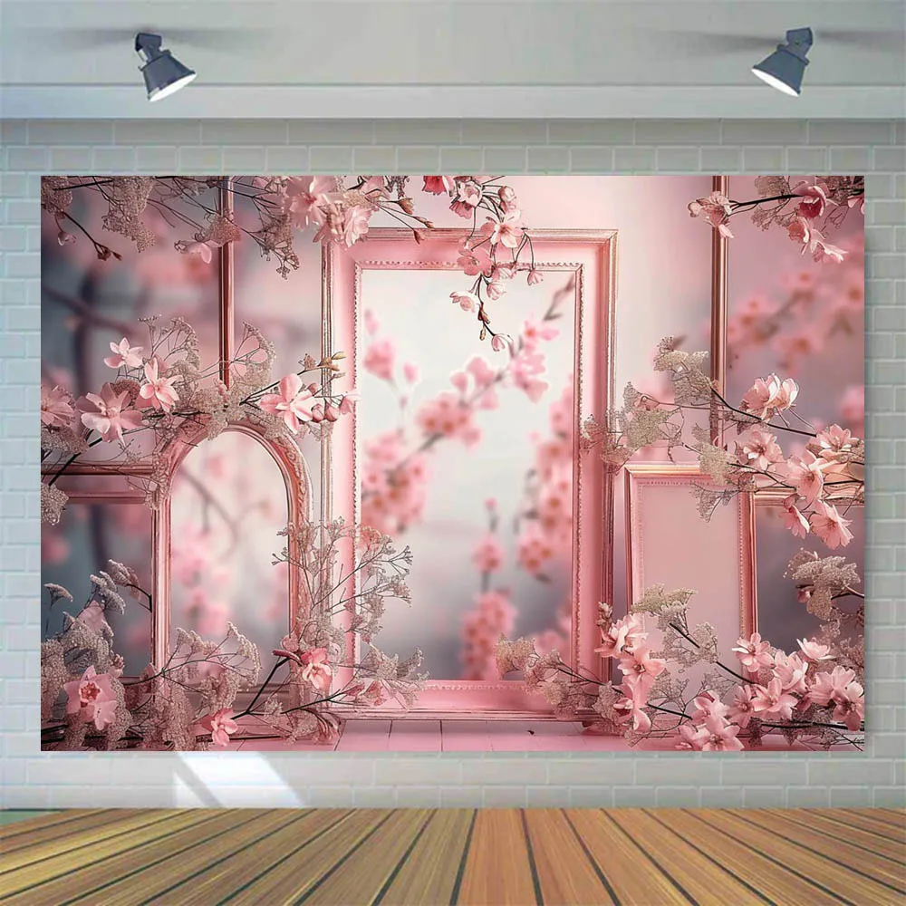 Mocsicka Backdrops for Photography Pink Mirror Frame Flower Women Girl Vintage Art Photo Background Photo Studio Photocall Props