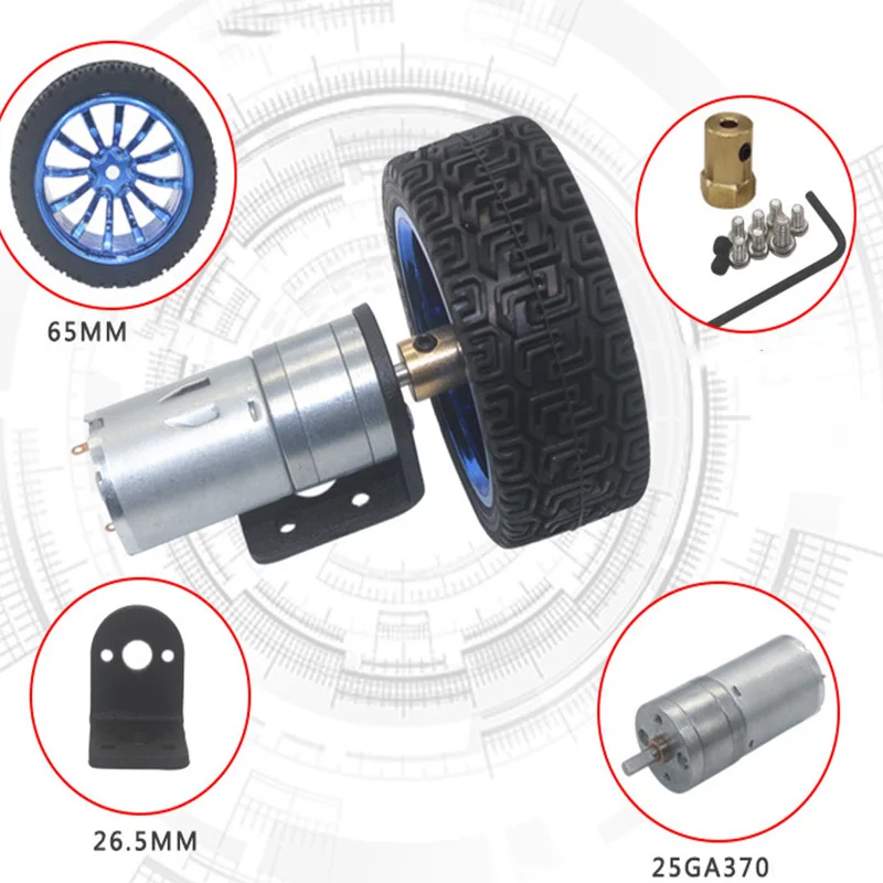 Reduction Motor Set, DC 6V 12V 25GA 370 Gear Motor with Mounting Bracket and 65mm Wheel for Smart Car Robot DIY