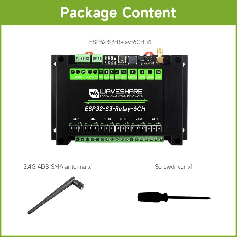 Waveshare Industrial 6-Channel ESP32-S3 WiFi Relay Module, Supports WiFi / / RS485 Control, Onboard RS485 / Pico HAT