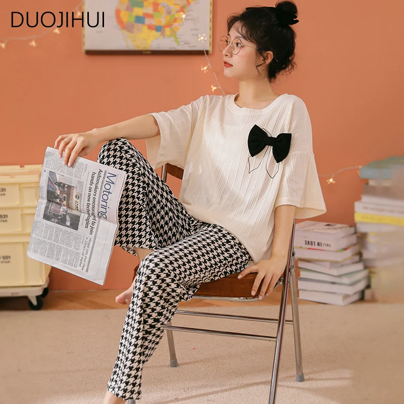 DUOJIHUI-Conjunto de pijamas soltos estilo coreano para mulheres, pulôver com decote em O, Calcina simples, roupa doméstica básica, cor de contraste, moda feminina, verão