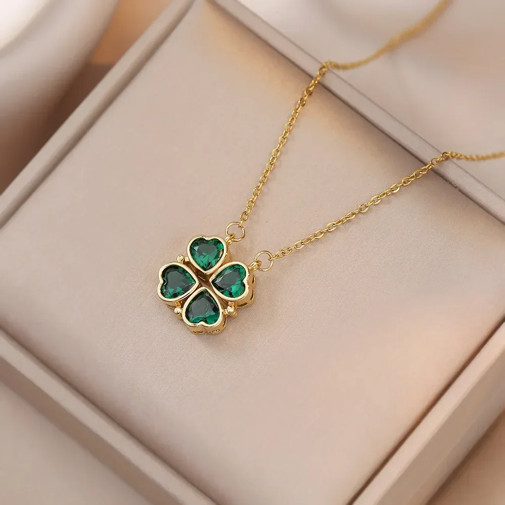 Stainless Steel Chain Classic Colorful Zircon Clover Pendant Necklace for Women Lady Vintage Elegant Jewelry Party Accessories