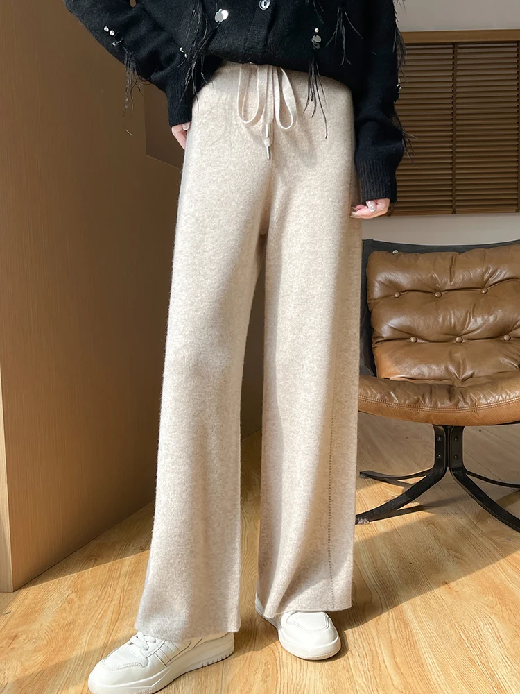 Autumn and winter trousers children's high waist loose straight thick wool knitted cashmere pants