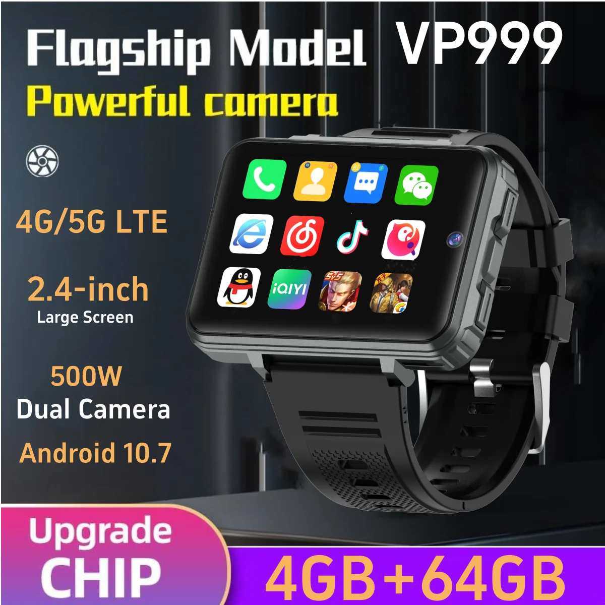Vp999 tela ultra grande relógio inteligente 4g câmera dupla 64gb reconhecimento facial desbloquear 1400mah mapas 2.4 polegada tela de toque smartwatch