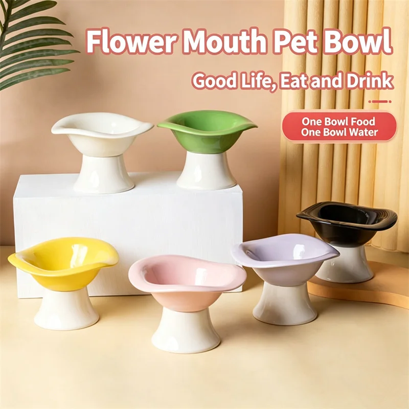 Cute Elevated Flower Mouth Ceramic Cat Bowl Non Slip Raised Pet Feeder Dish Anti Black Chin Food Water Bowl for Cats Small Dogs