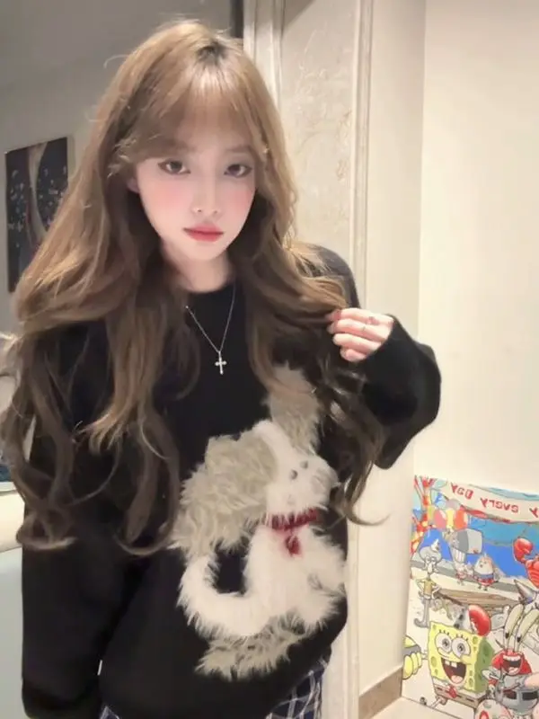 2025 nuevo suéter Jacquard de cachorro de dibujos animados Otoño Invierno suéter suelto esponjoso prendas de punto