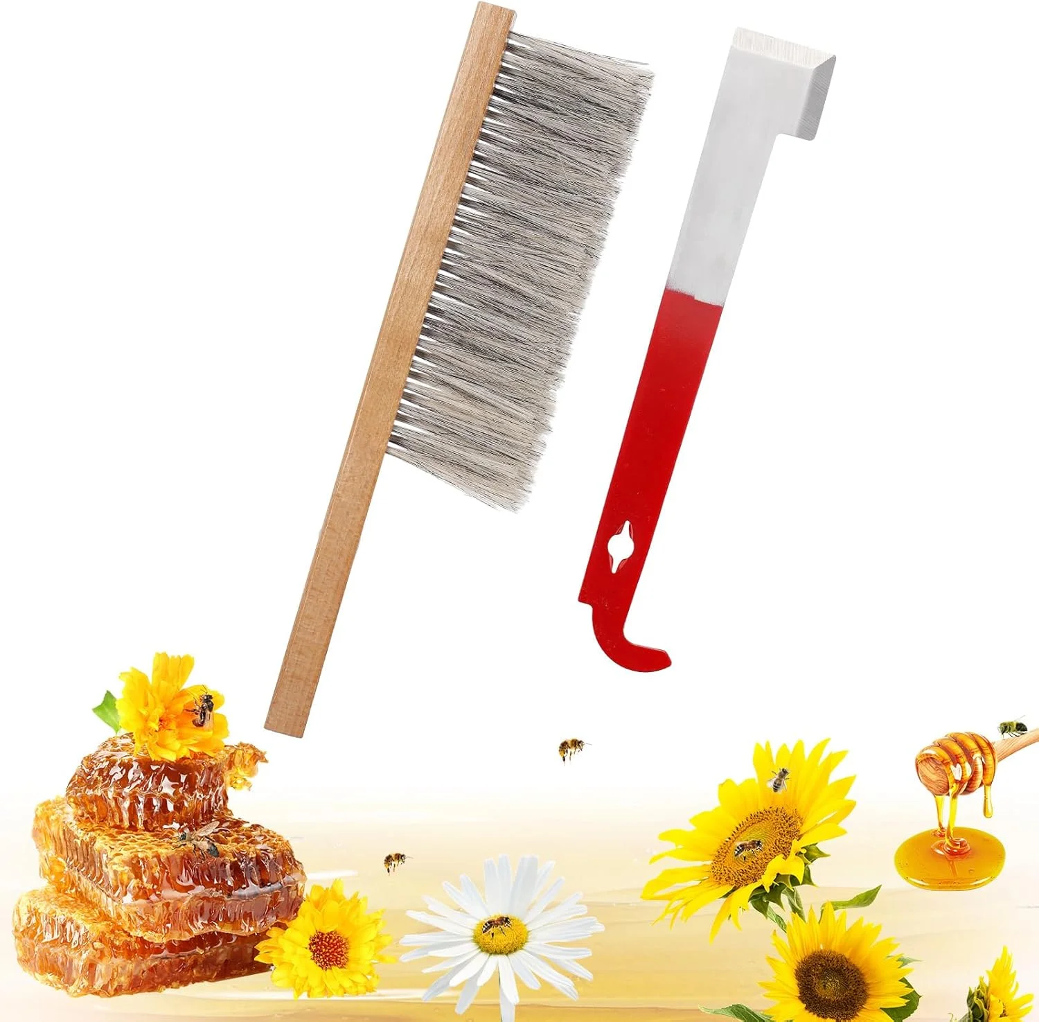 Bee Hive Tool for Beekeeping - Stainless Steel J Hook & Natural Horsehair Bee Brush, Beehive Brush Bee Frame Lifter and