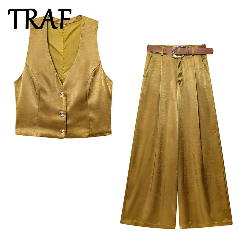 

TRAF Silk texture belt Waist Pants Set Women's 2 Pieces New Fashion Loose Top+Trousers Casual Set Two Piece Women Outfit
