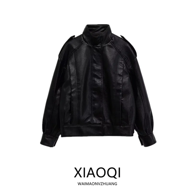 เสื้อแจ็คเก็ตนักบินหนังดีไซน์ใหม่สำหรับผู้หญิง ฤดูใบไม้ร่วง 2025  แบบมีซิป แขนยาว แฟชั่นสำหรับสุภาพสตรี