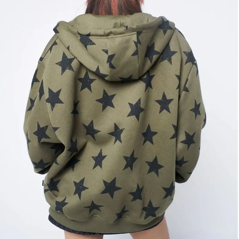 American Vintage Star Printed Green Zip Up Hoodie Autumn New Hottie Casual High Street Y2k Top All Match Loose Sweatshirt Women