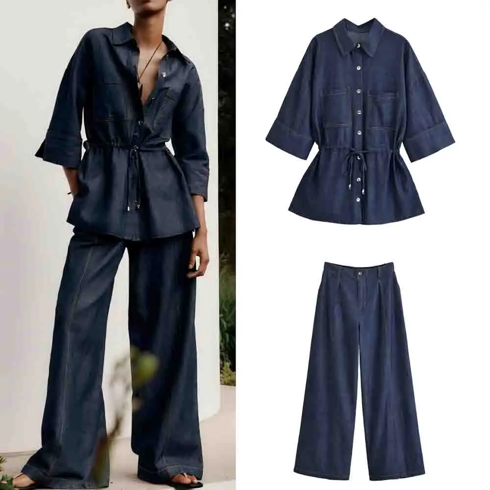 

Women's new fashion with drawstring casual single breasted denim shirt retro short sleeved women's shirt chic top+jeans suit