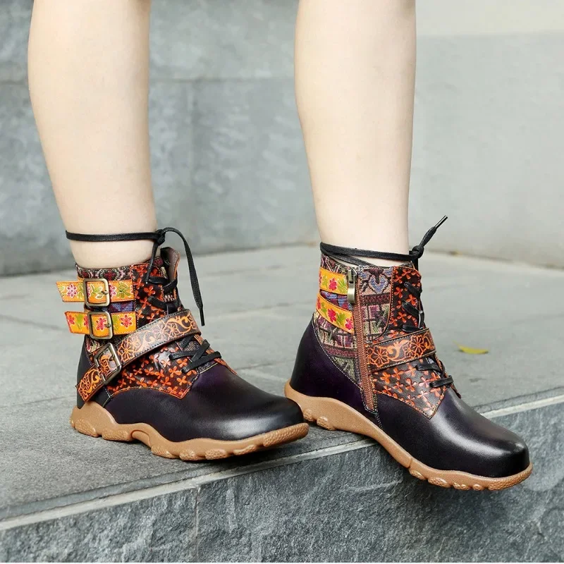 2025 Autumn Winter Multi-color Genuine Leather Roman Boots for Women Printed Lace up Women Ankle Boots Belt Buckle Ladies Shoes