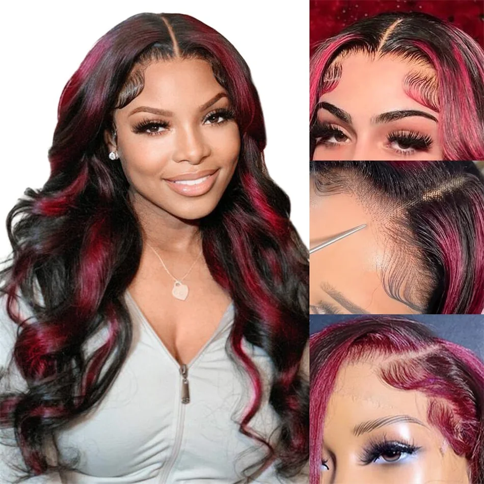 Pink Highlight Wig Human Hair 180% Density Pink and Black Colored Wigs Human Hair Ombre Lace Front Wig Human Hair Pre Plucked