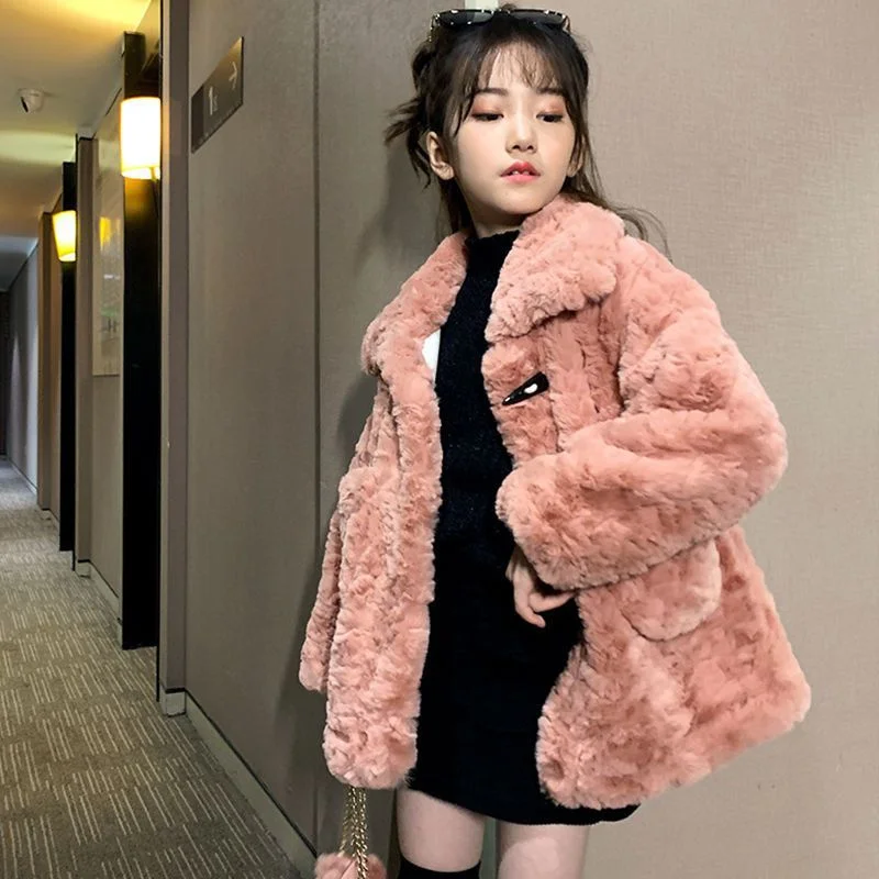 Girls' Lamb Wool Jackets Winter New Baby Horn Buckle Coats Plush Thickened Warm Snowsuit Outerwear Fur Parka 4-12 Years