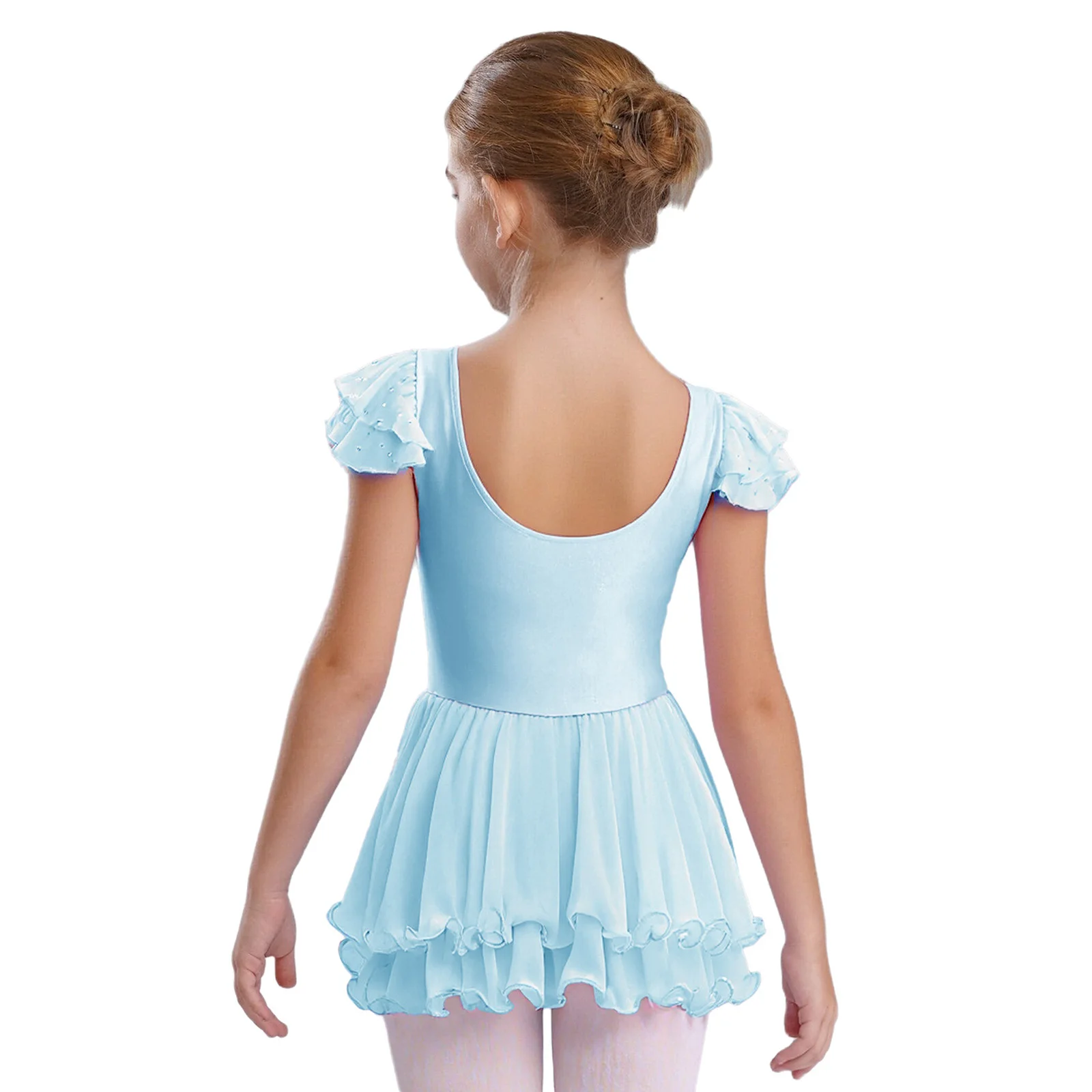 Short Ruffle Sleeves Ballerina Dress Kids Dance Ballet Tutu Leotard Girls Sheer Mesh Bodysuit for Stage Performance Competition