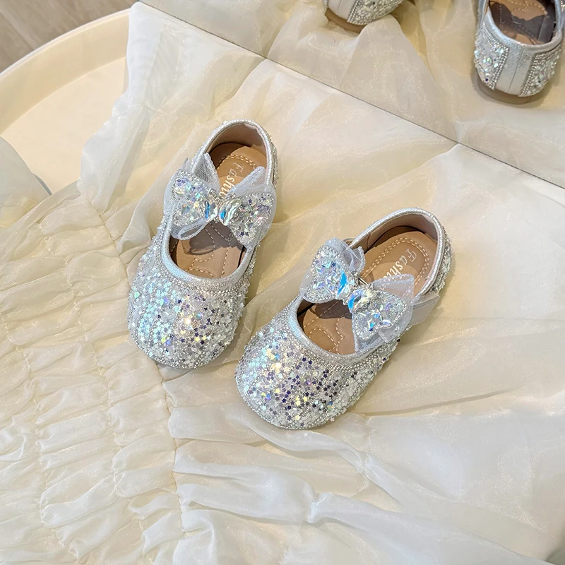 Children\'s Summer Fashion Sequined Shoes Girls Cute Rhinestone Pearl Bowknot Princess Shoes Wedding Shoes Flat Heel Sandals