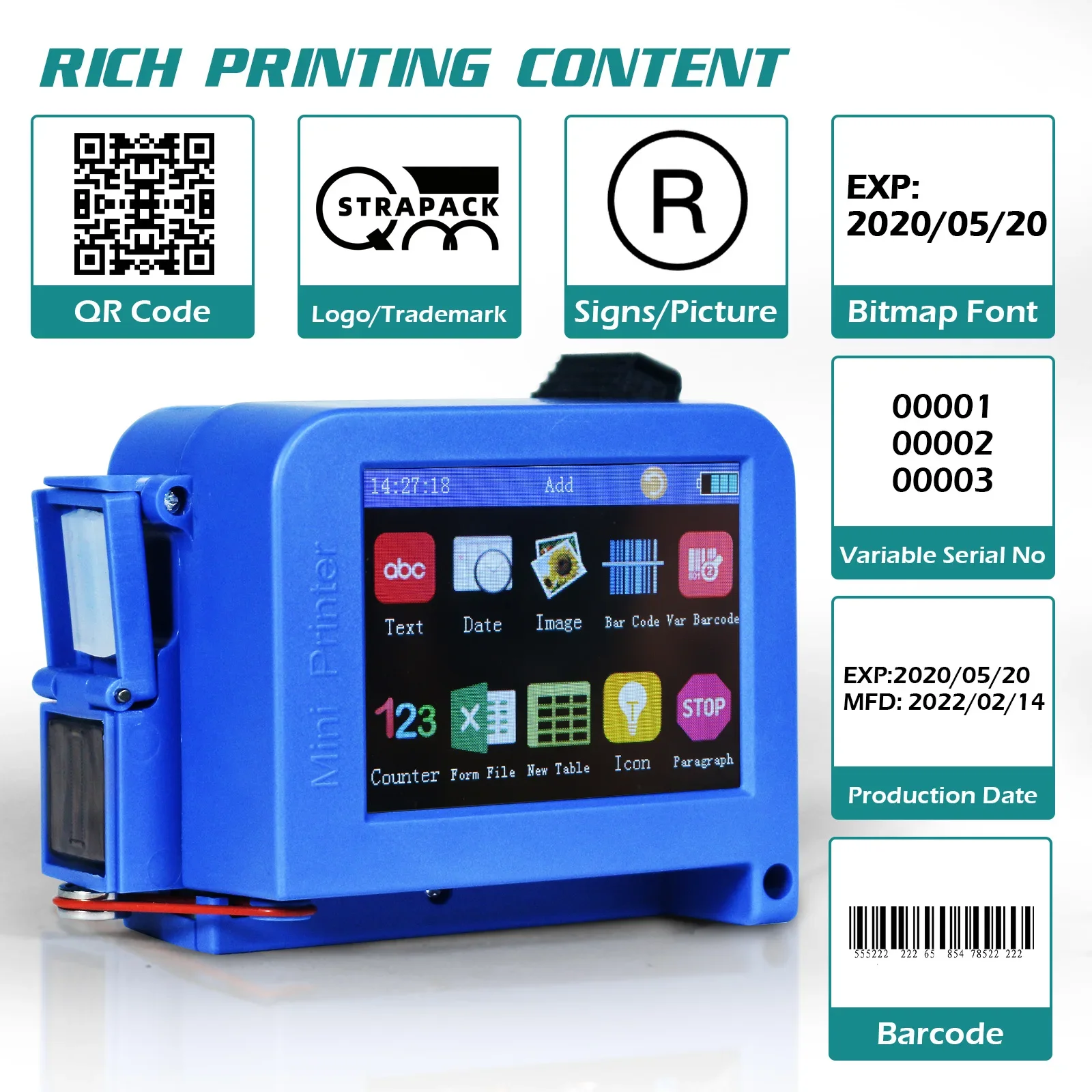 2.8\'\' Mini Handheld Inkjet Printer 12.7mm with Fast-drying Ink for QR Barcode Batch Date Number Logo Expiry Date Mini Printer