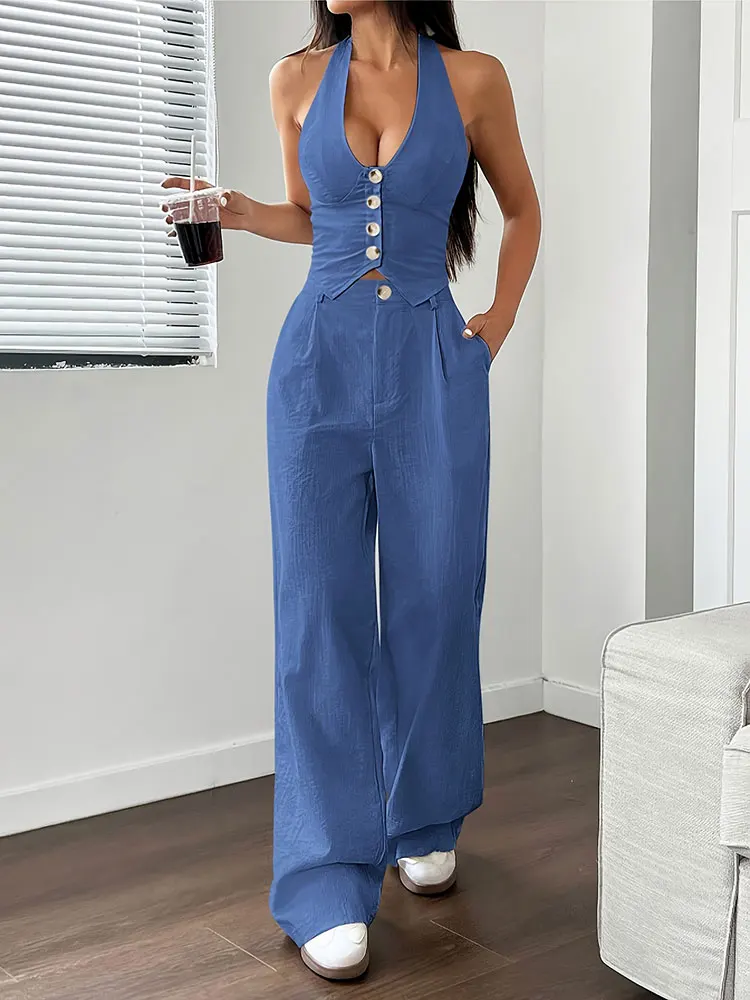 Neue Große Größe Französisch Elegante Ärmellose Anzug Solide Neckholder Hosenträger Taste Top Lose Hosen Casual Büro frauen Kleidung