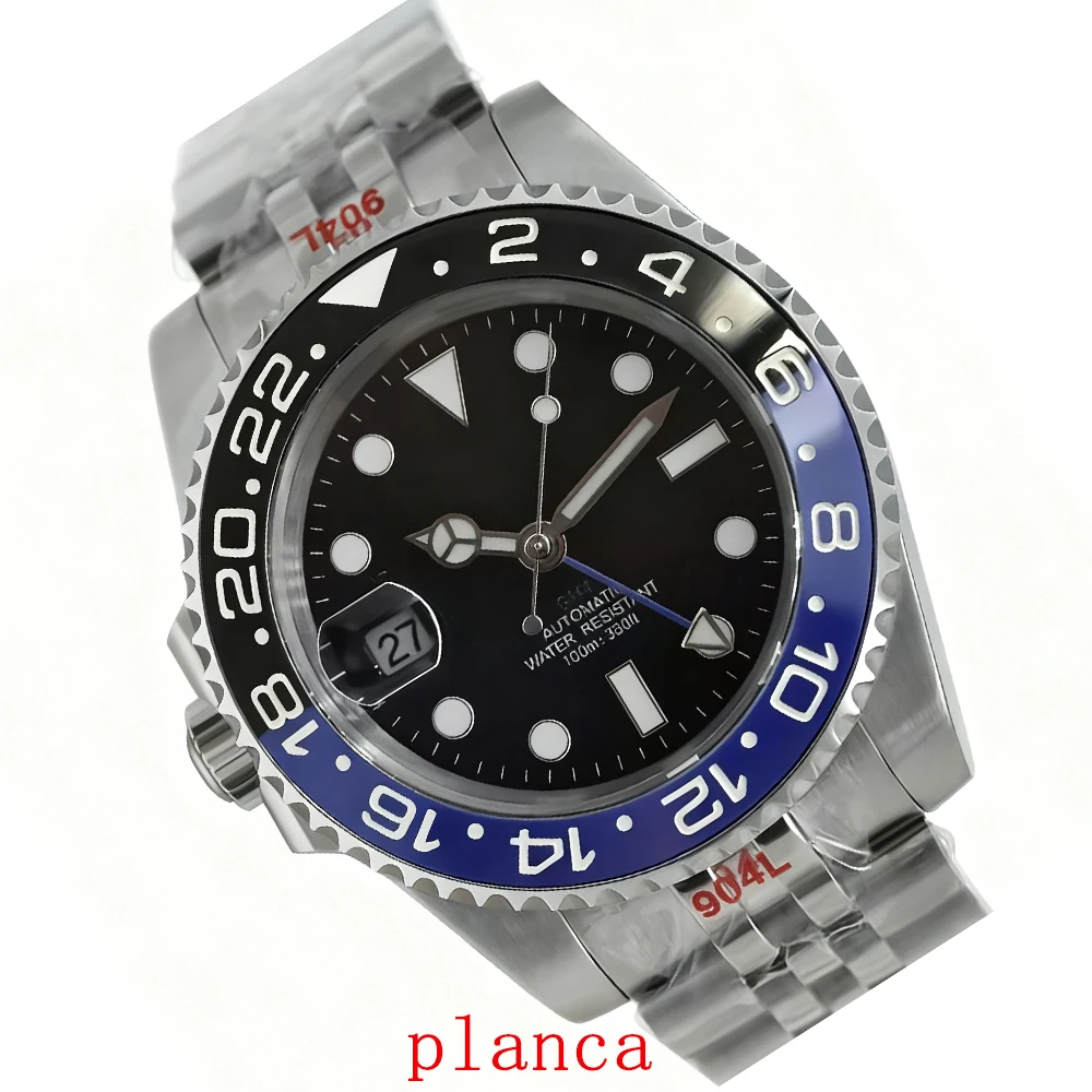 Orologio meccanico con logo personalizzato da 40 mm GMT NH34 Il lunetta girevole a sinistra con vetro zaffiro Orologio in acciaio inossidabile argento