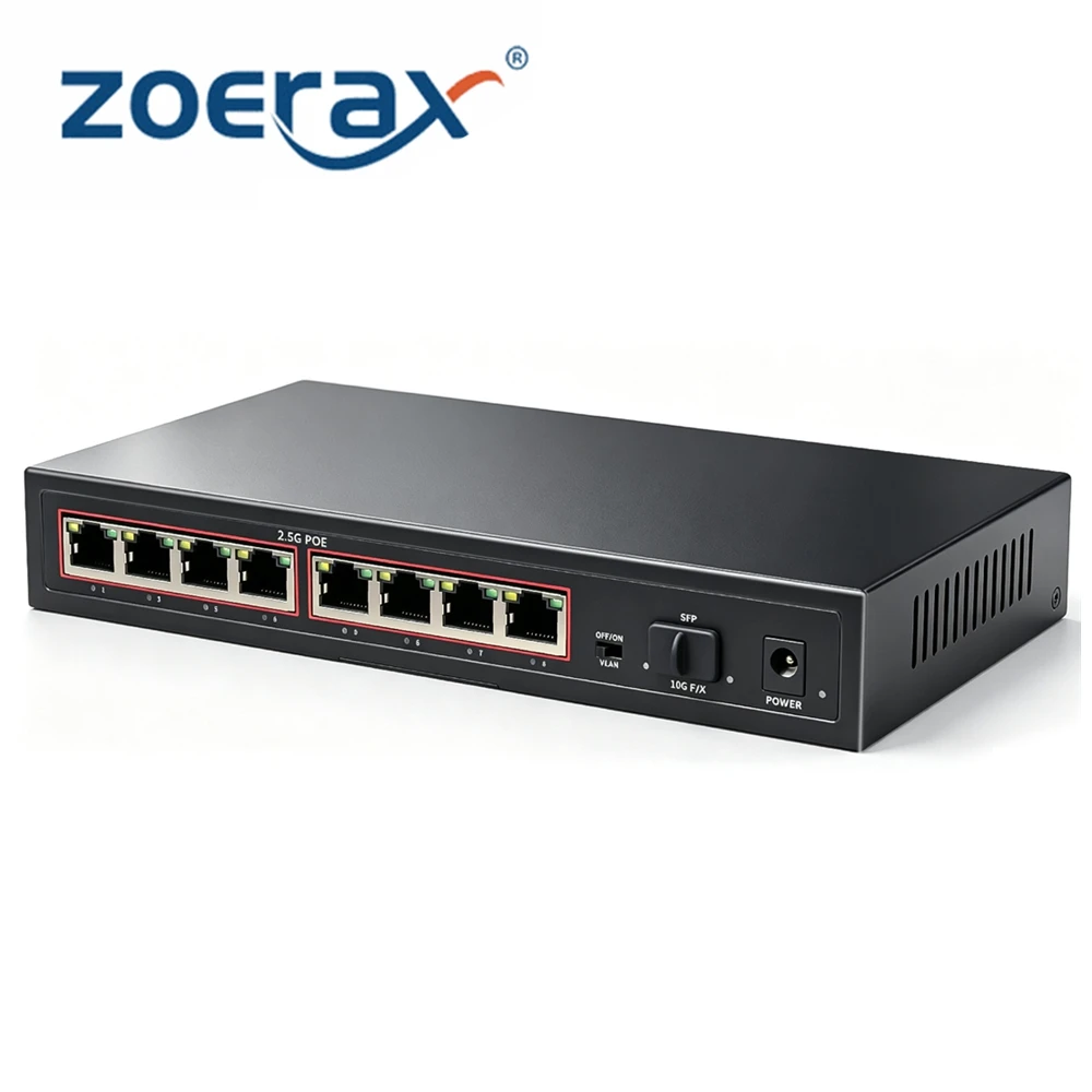 ZoeRax 8 Ports 2.5G POE Network Switch 60Gbps Full Duplex Unmanaged with 10G SFP Uplink One-Key VLAN, 4KV Lightning Protection