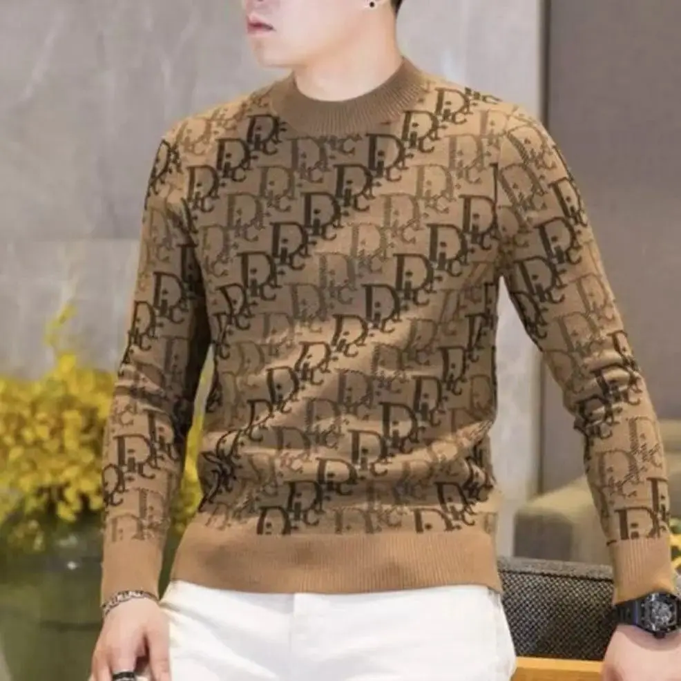 

Мужской зимний утепленный свитер из шерстяной смеси с буквенным принтом, повседневный базовый слой, комфортная посадка, тонкий, стандартный крой