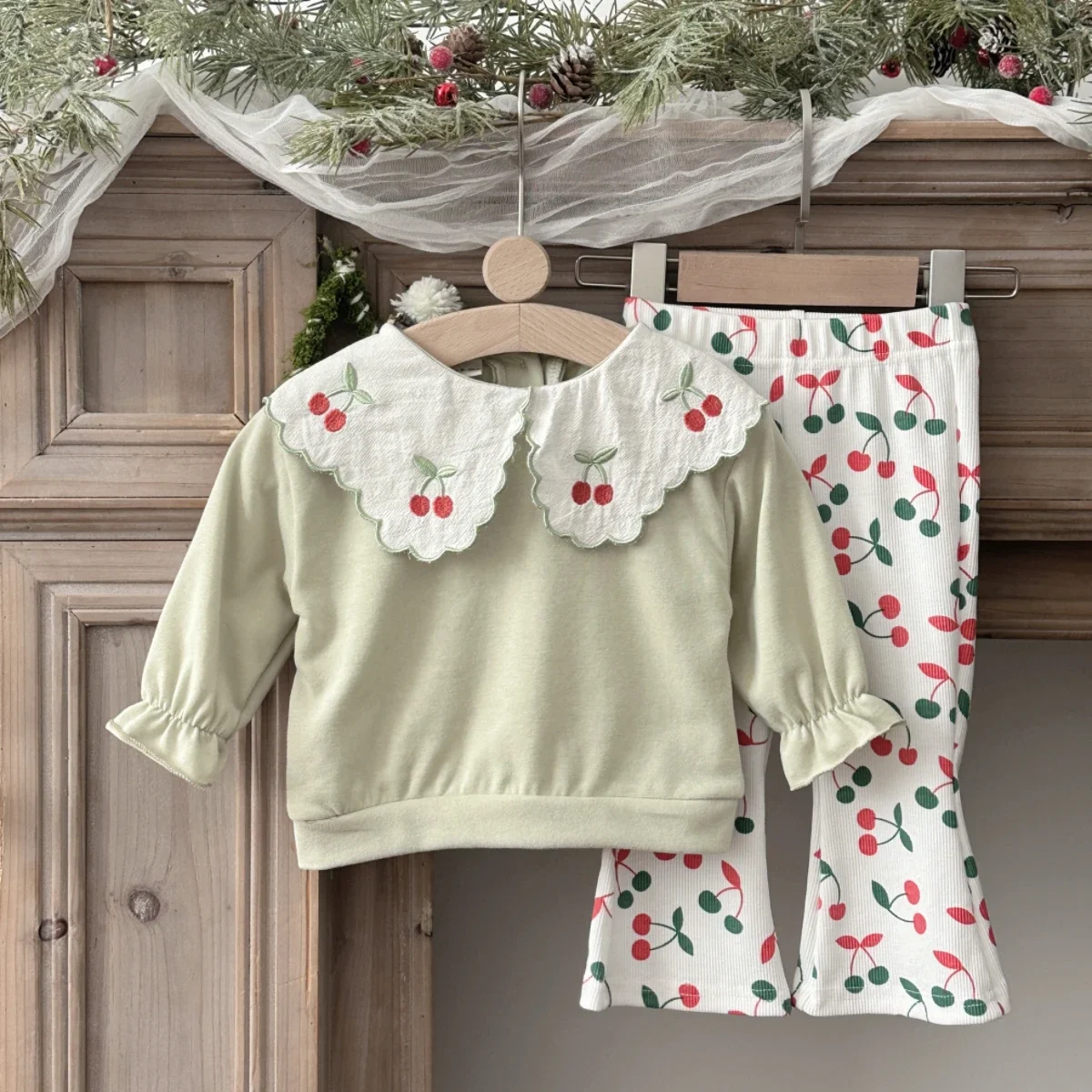 Autumn Toddler Baby Girls Outfit Cherry Embroidery Lapel Long Sleeve Sweatshirt Elastic Waist Pants Spring Clothes