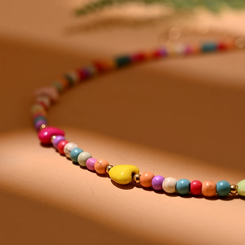 4mm Colorful Beads Stone Heart Choker Fashion Bohemian Summer New Necklace for Women Jewelry MOON GIRL Design