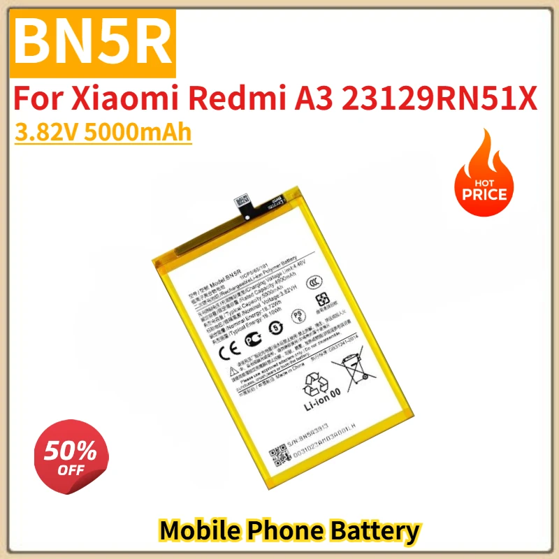 

BN5R High Quality Phone Battery 3.82V 5000mAh For Xiaomi REDMI A3 23129RN51X 23129RN51H/POCO C61/2312BPC51H Replacement Battery
