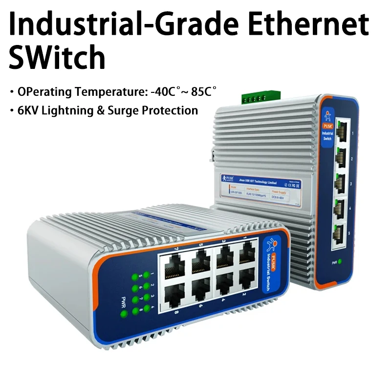 Industrial 5/8 Port 100 Megabit Ethernet Switch DIN Rail Mount 10/100Mbps Unmanaged IP40 Dustproof USR-ISF1005/1008