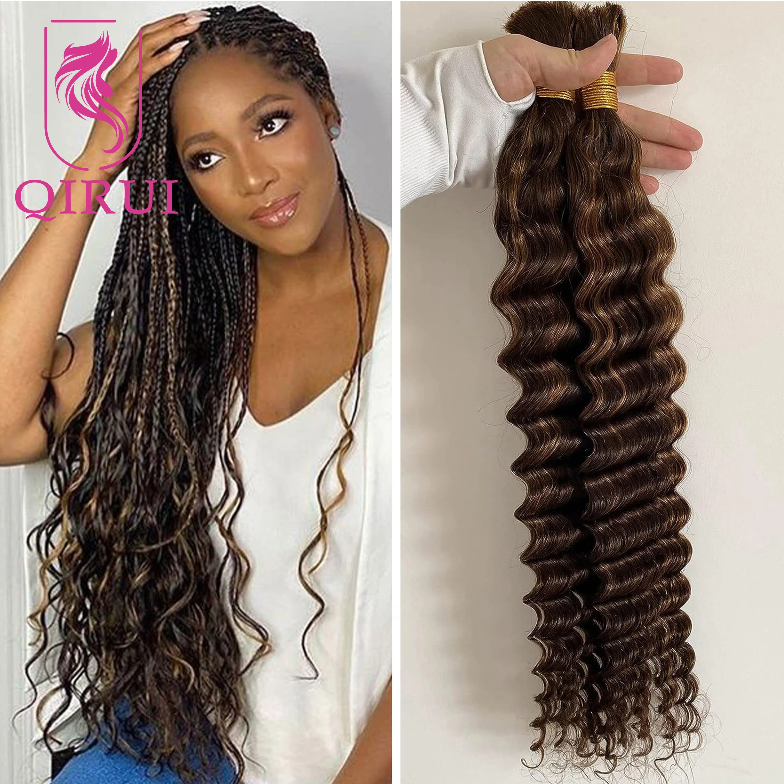 100% Human Hair Highlights Bulk Hair For Braiding Crochet Braids Bundles No Weft Deep Wave Braiding Hair Extension #4/#27 100g