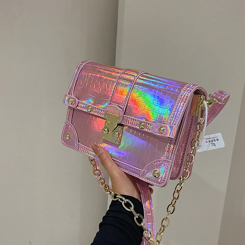 

2025 New Y2K Women's Handbag Holographic Crocodile Mini Square Bag Lock Clasp Metal Chain Chic Fashion Shoulder Crossbody Bag