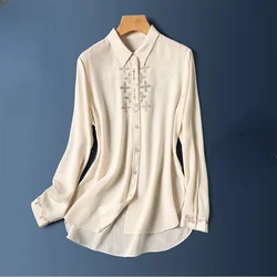 Satin Long Sleeve Women's Shirt Summer New South Korea Fashion Silk Embroidered Lapel Blouse Loose Top