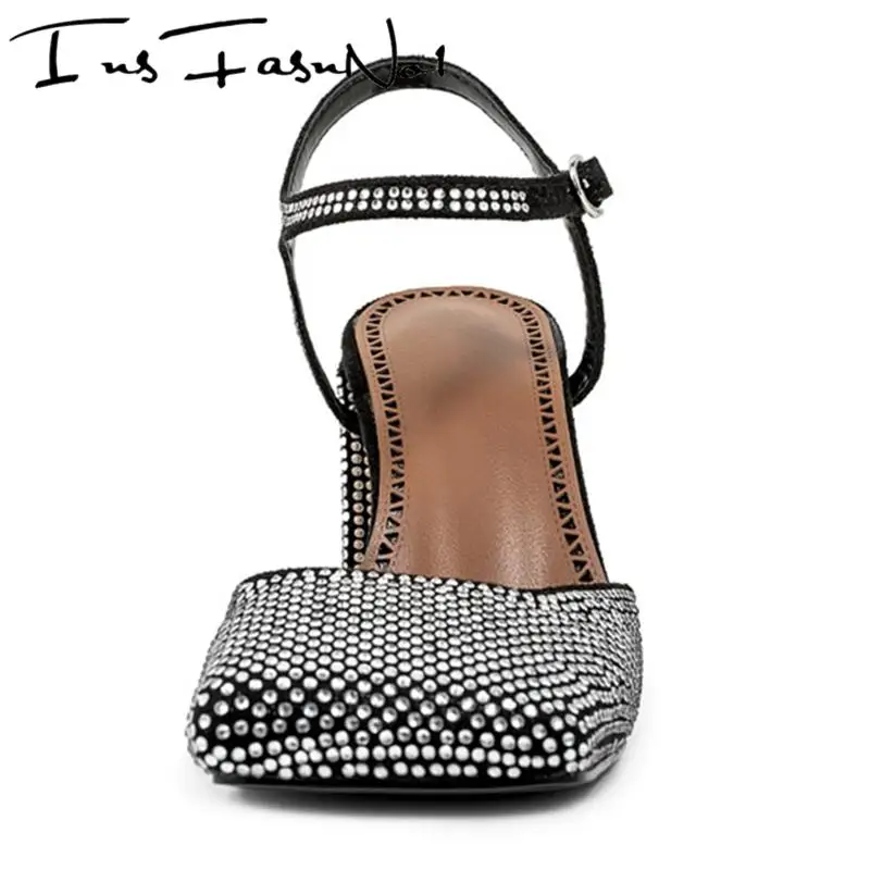 Fashion Rhinestones High Heel Modern Sandals Large Size Square Toe Buckle Strap Single Shoes Female All Match Increasing Shoes