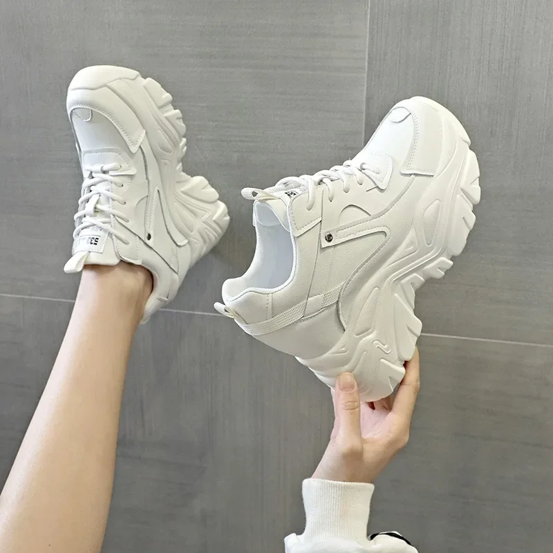 9CM Genuine Leather Women Fashion Chunky Sneakers Spring Summer Autumn Breathable Platform Wedge Shoes Walking Sneakers Fashion