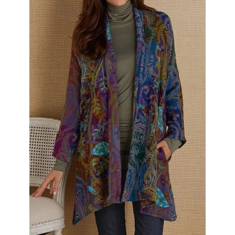 Spring Womens Retro Printed Cardigan Lapel Cotton Jacket