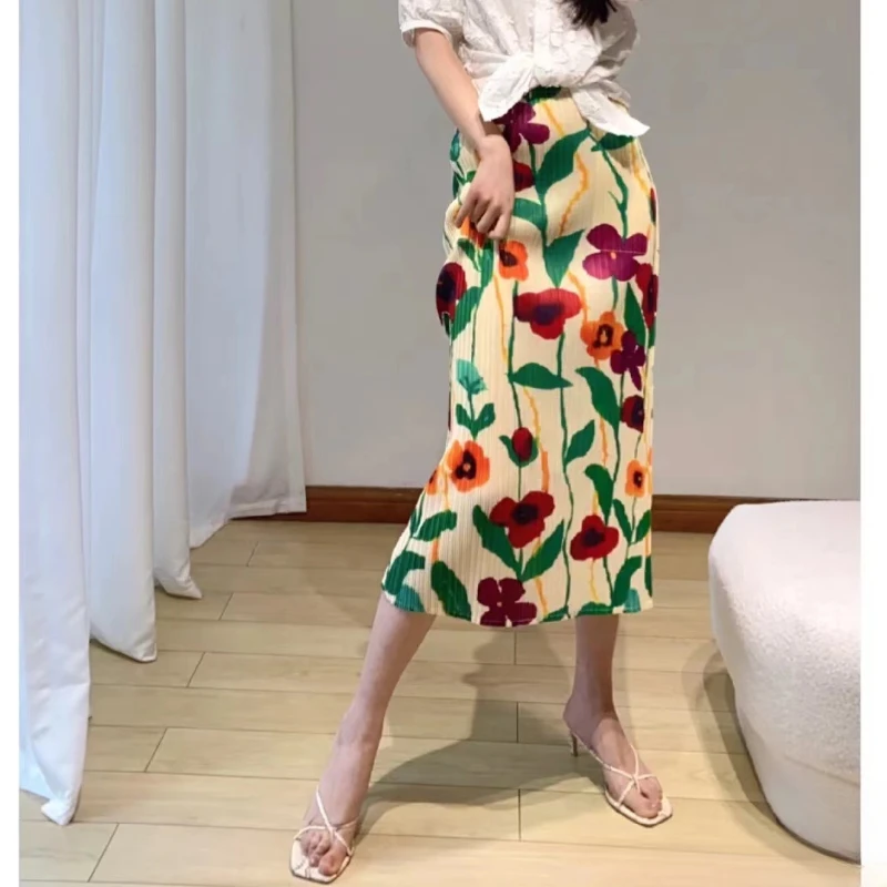 Gghk Miyake Geplooide Rechte Rok Zomer 2023 Hoge Taille Rug Split Casual Nieuw Design Dameskleding Maxi Rokken