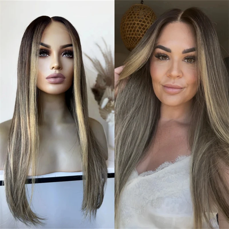 

Party Ombre Brown with Blonde Streaks Synthetic HD Lace Front Wig with Natural Dark Roots Realistic Look Soft Long Straight Wig