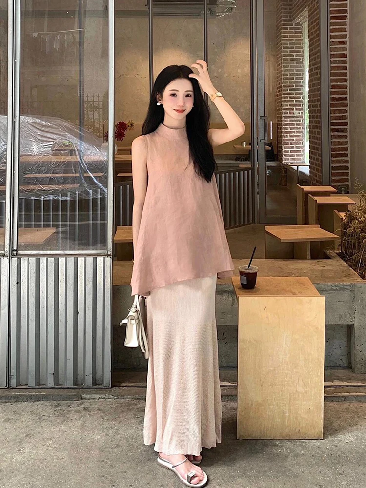 

Комплект летней одежды XZY Simplici Chic для женщин больших размеров: топ-жилет и юбка А-силуэта с высокой талией