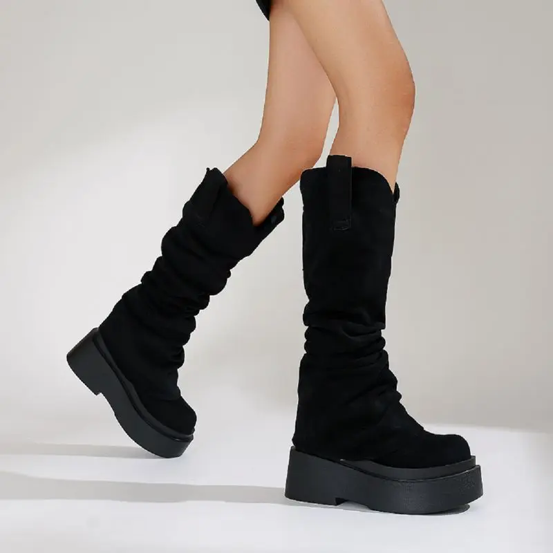 REAVE CAT Women Western Knee Boots Flock Suede Thick Heels 8.5cm Platform 5.5cm Slip On Pleated Big Size US13 43 44 Fashion Bota