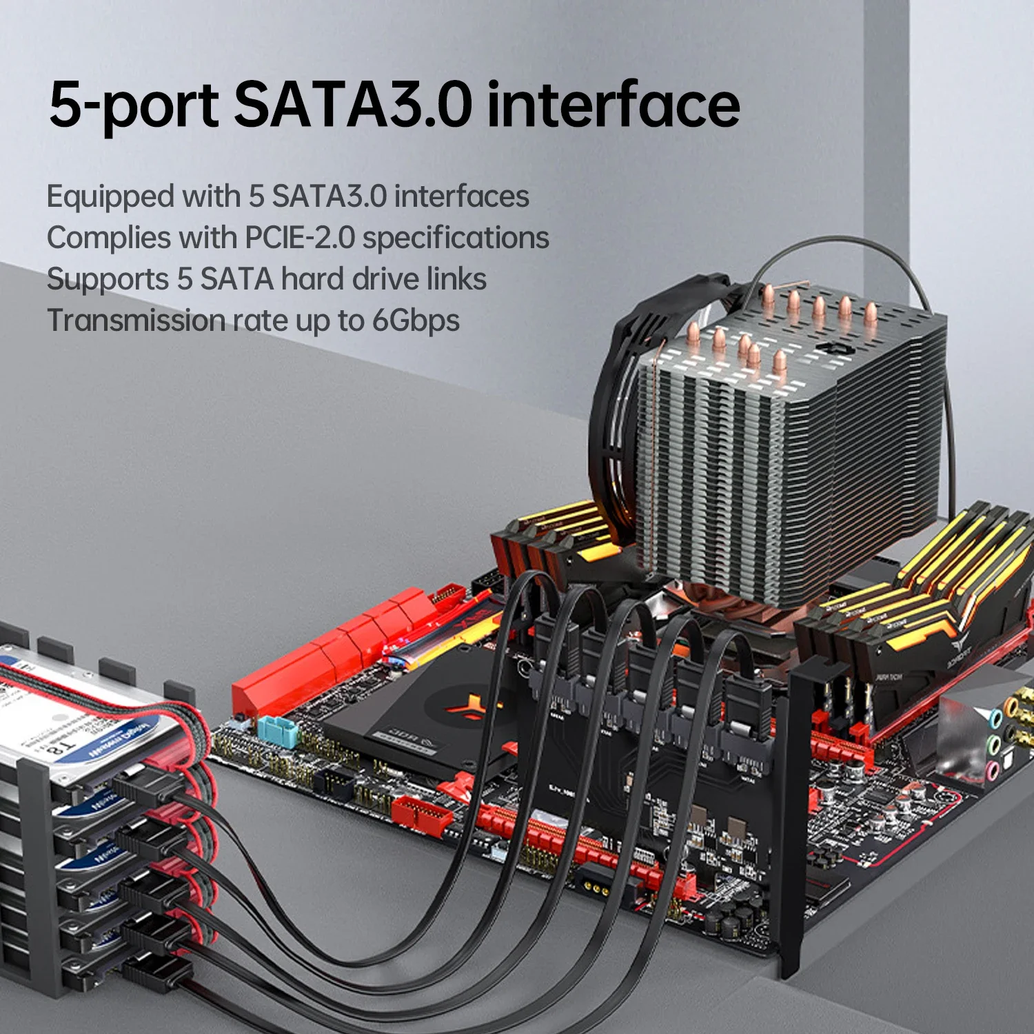 PCIe to 5 Ports SATA 3 III 3.0 6Gbps SSD Adapter PCI-e PCI Express x1 Controller Board Expansion Card Support x4 x8 x16 Port