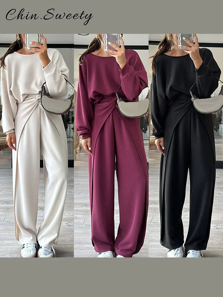 

Fashion Knot Trousers Set Women Loose O-neck Full Sleeve Backless Shirt Straight Wide Leg Pant 2025 Summer Lady High Street Suit
