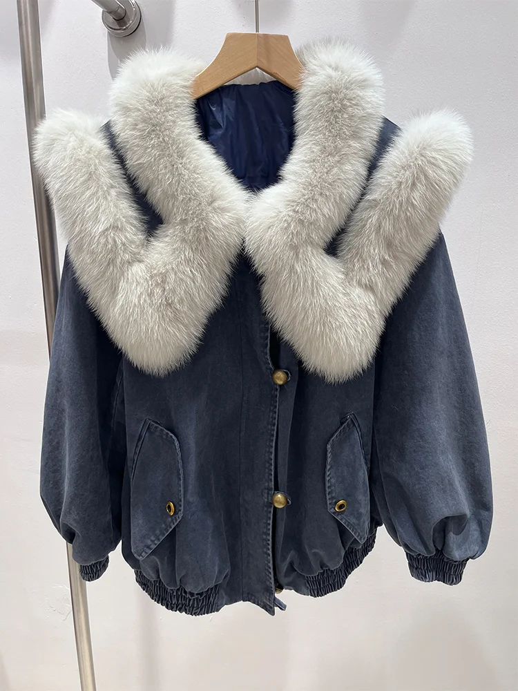 

2025 Winter Warm Women Down Jackets Natural Real Fox Fur Collar Puffer Jackets Thick Cusual Female Outwear Coats