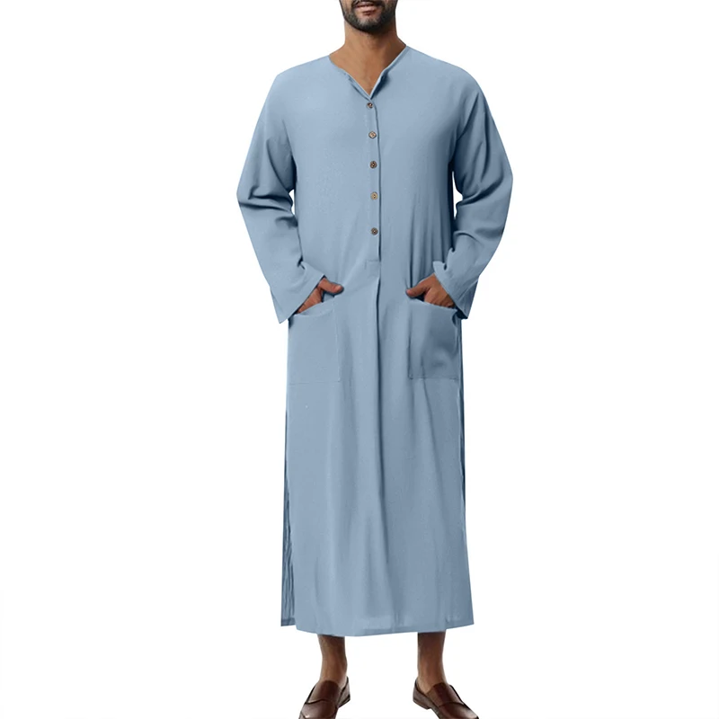 Mรคnner Muslimischen Roben Einfarbig Langarm Baumwolle Taschen Roben Taste-unten Freizeit Vintage Islamischen Arabischen Kaftan Dubai Mรคnnlich neue