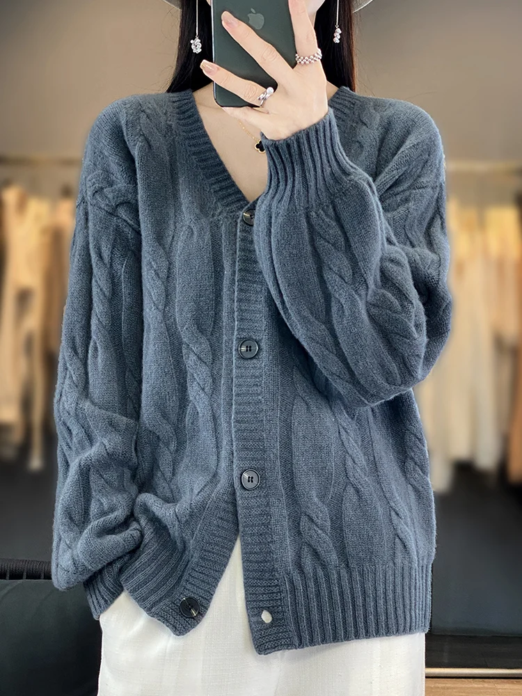 

Classic Autumn Winter Women Sweater 100% Merino Wool Striped Knit Cardigan Top Office Lady Outerwear Long Sleeve Cashmere Jacket