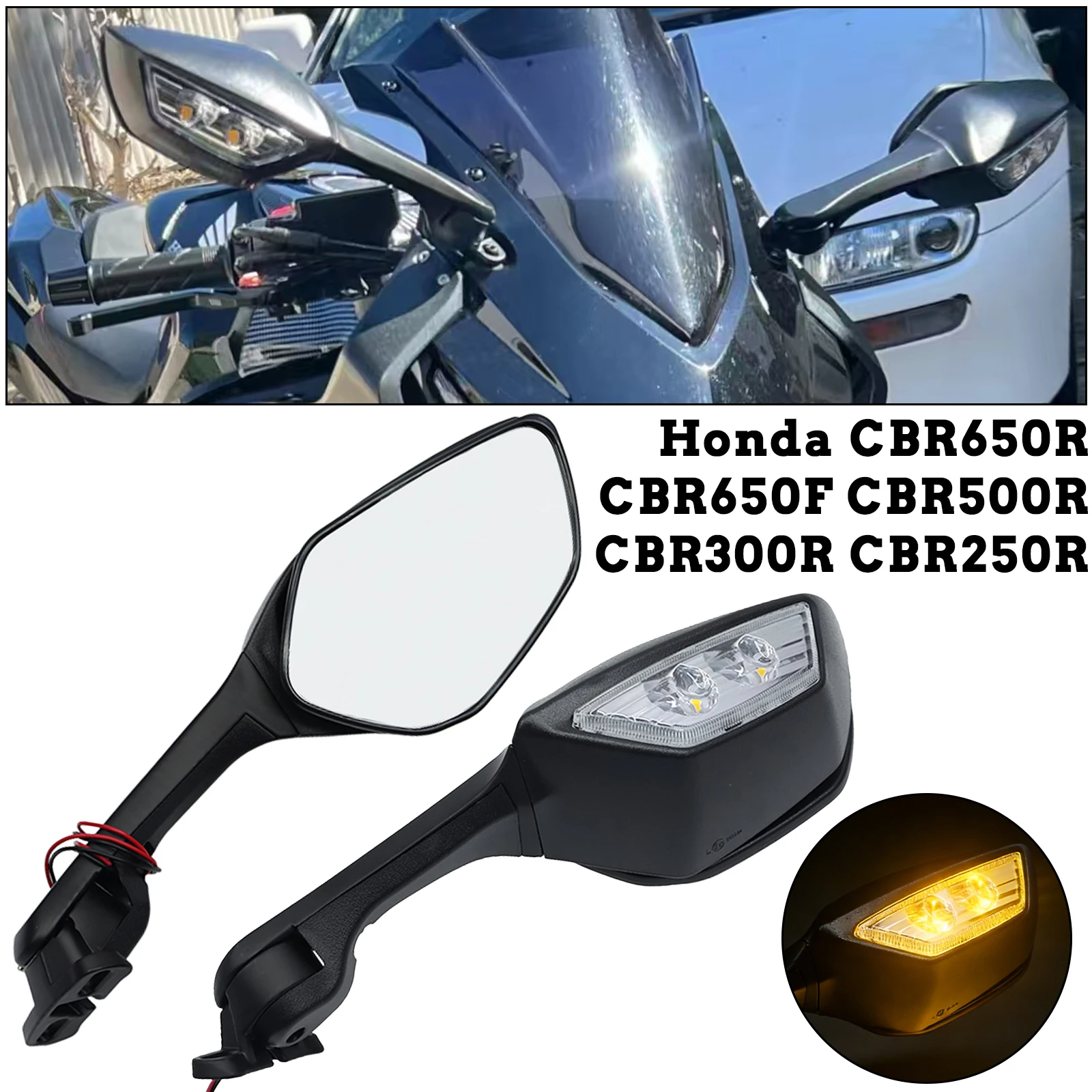 

Зеркало заднего вида с LED-подсветкой для мотоциклов Honda CBR650R, CBR650F, CBR500R, CBR300R, CBR250R, с функцией поворотника