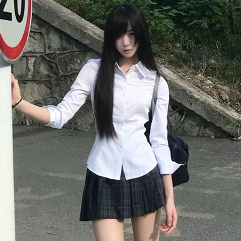 Harajuku Y2K Slim Fit White Shirt Women 2025 Waist Slimming Long Sleeve Jk Shirts Woman All Match Turn Down Collar Chic Blouse