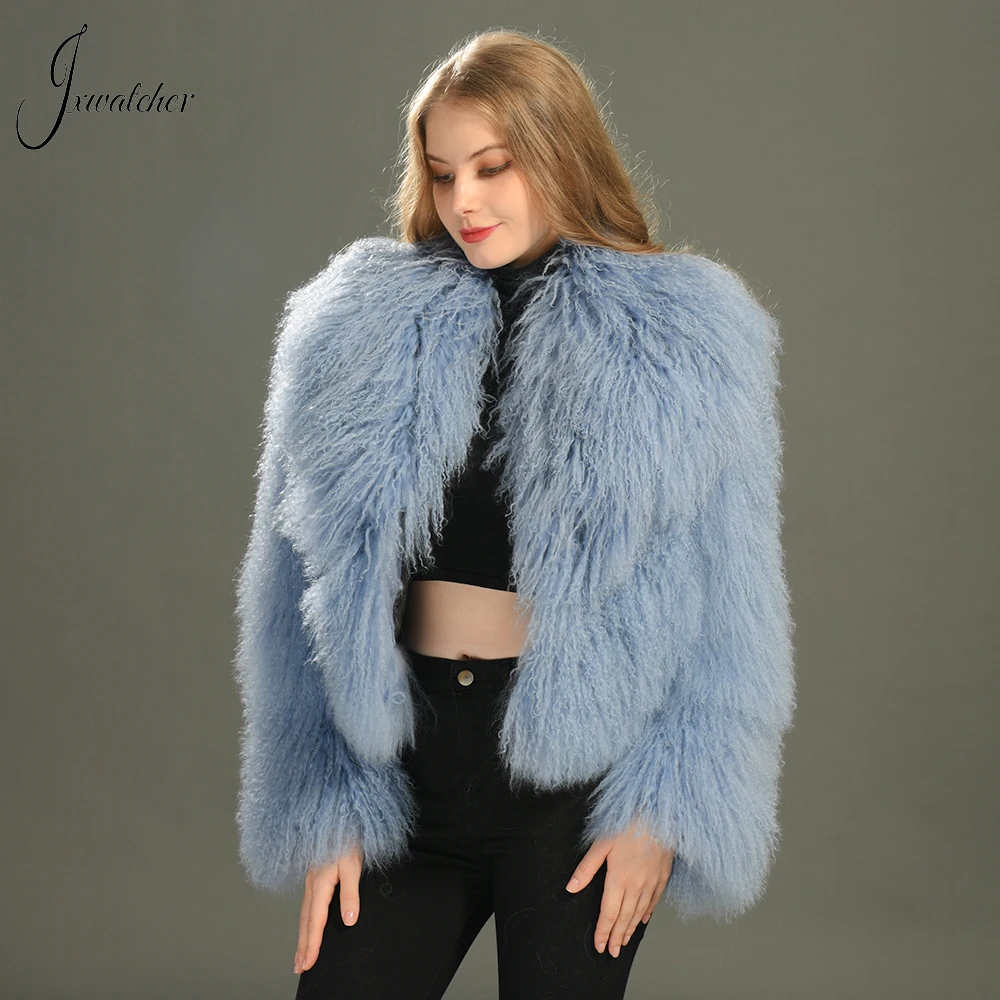 Jxwatcher Mongolian Fur Coat Women Big Turn-Down Collar Short Real Fur Coat Winter Ladies Fashion Warm Fluffy Jacket Female Fall