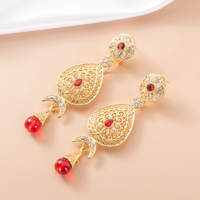 Pendientes largos marroquíes de Color dorado para mujer con cuentas de cristal colgantes joyería de boda árabe