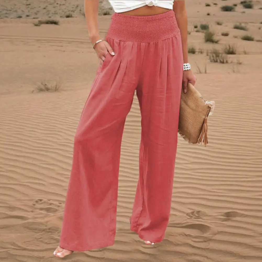 

Women Pants Solid Color Pocket Summer Loose-fitting Straight Wide Leg Pants Streetwear for Beach