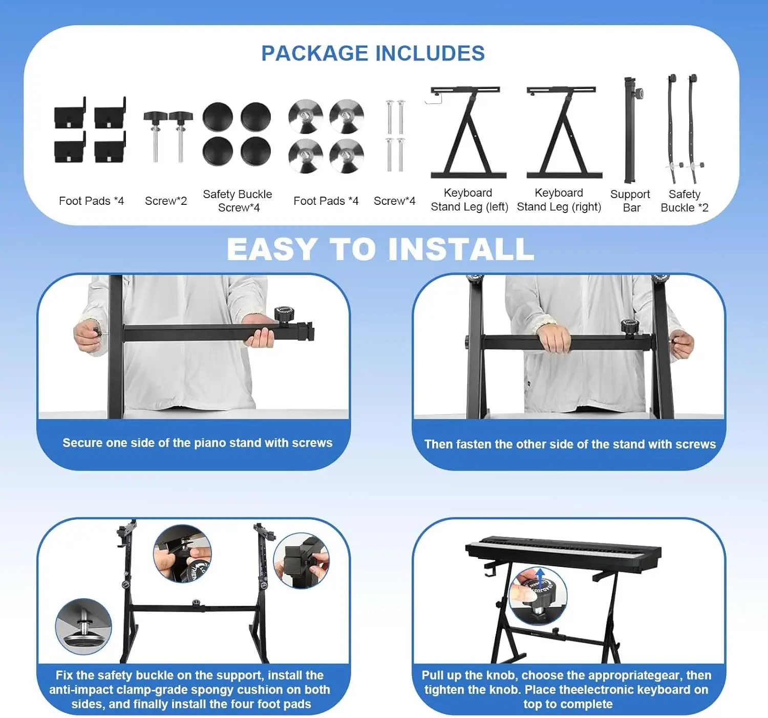حامل لوحة مفاتيح البيانو، حامل موسيقى محمول قابل للتعديل - تصميم Z قوي معزز يناسب 54 61 88 بيانو كهربائي ومستعمل